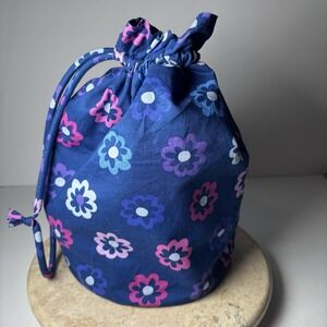Vera Bradley Ditty Bag Ellie Flowers EUC Blue Retro Pink Travel Pouch Makeup Bag